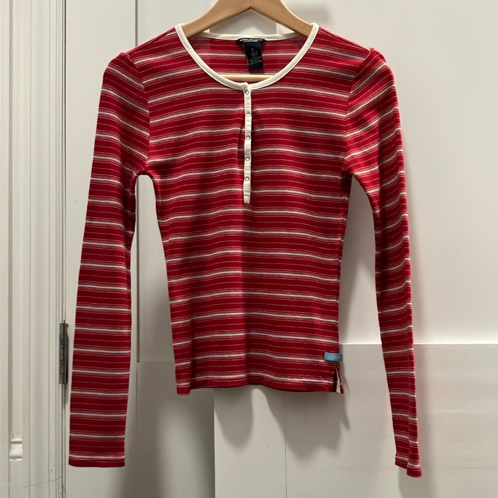Y2K Vintage American Eagle Outfitters Striped Henley Shirt Size S - Picture 2 of 5